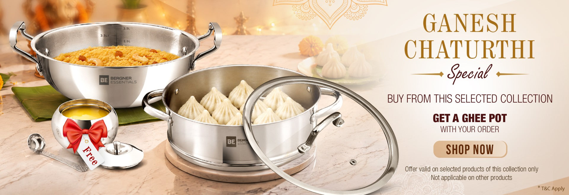  Bergner Essentials Ganesh Chaturthi Special promotional banner featuring triply stainless steel cookware and a ghee pot, with an offer to receive a ghee pot with orders from the selected collection.
