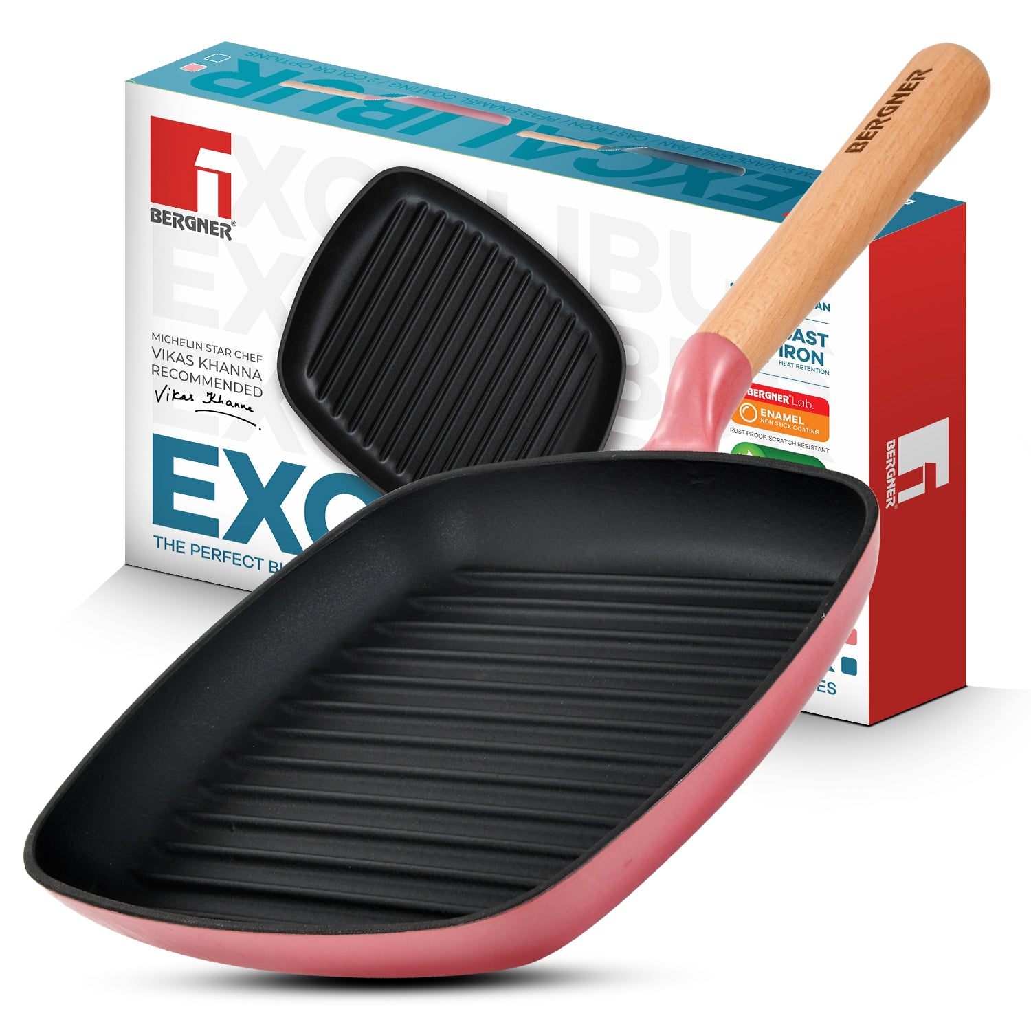 Excalibur Light Cast Iron 24cm Square Grill Pan - Induction Bottom, Pink