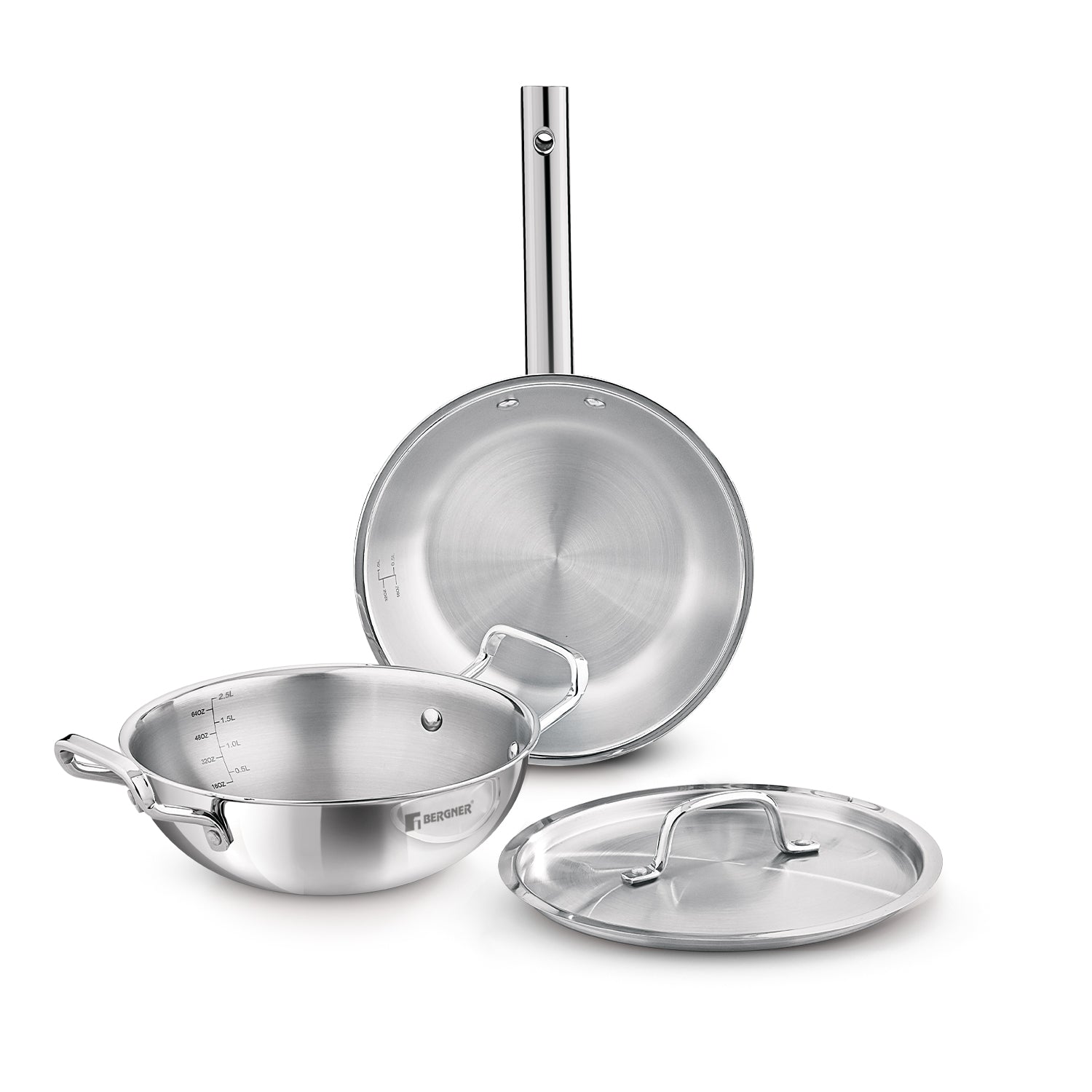 Bergner TriPro Tri-Ply Stainless Steel 3 Pcs Cookware Set - Induction Bottom (5-Year Warranty)