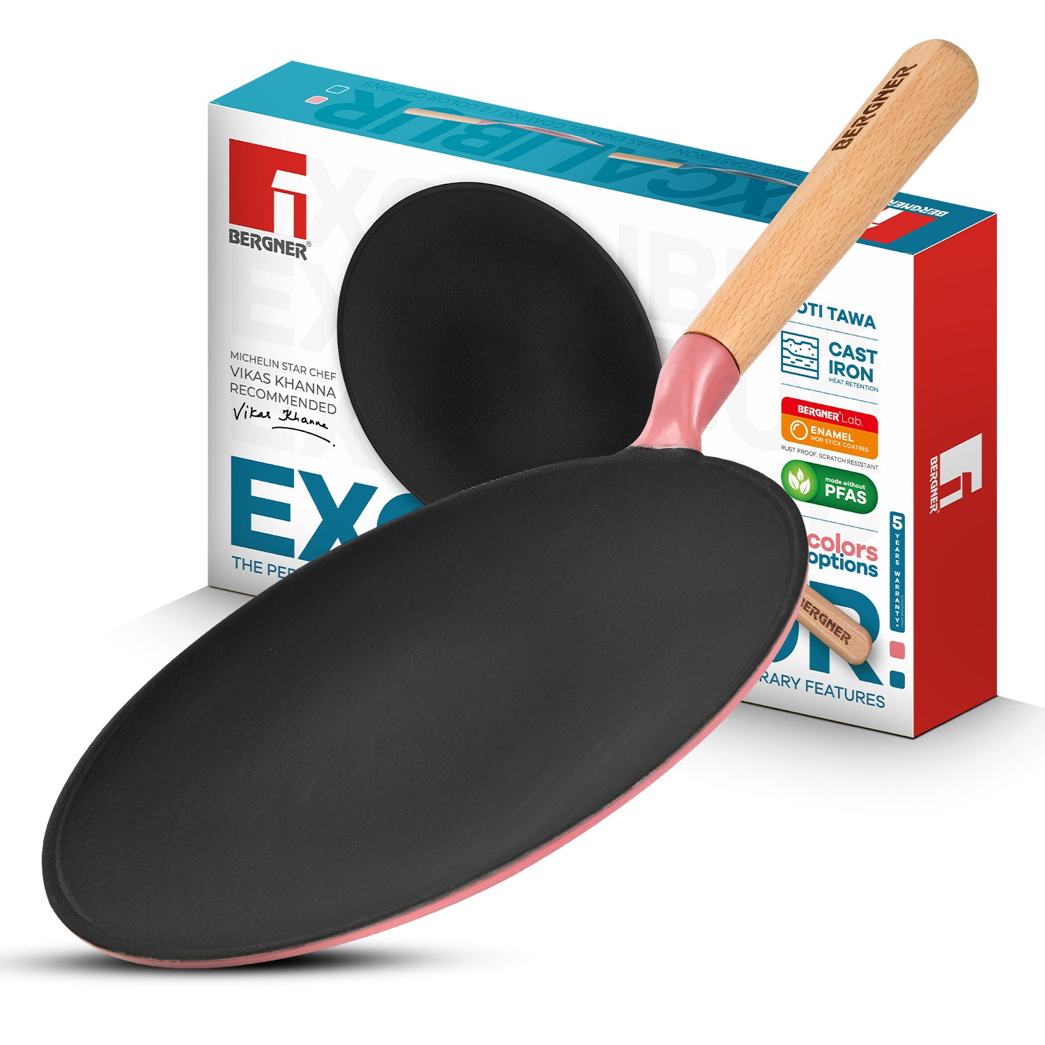 Excalibur Light Cast Iron Roti Tawa 26cm - Induction Bottom, Pink