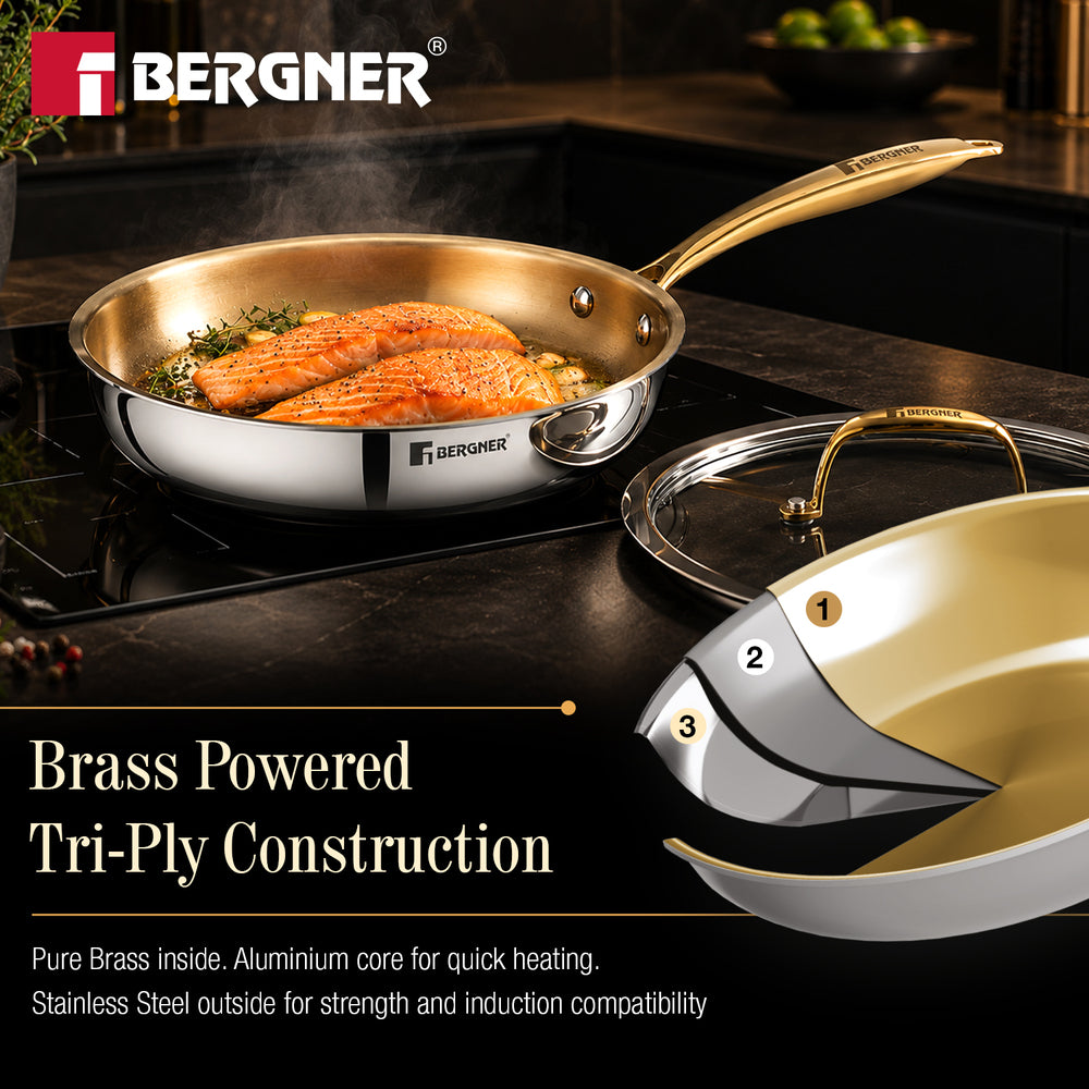 Suwarnam Triply Brass Saute Pan with Glass Lid, 24cm | Induction