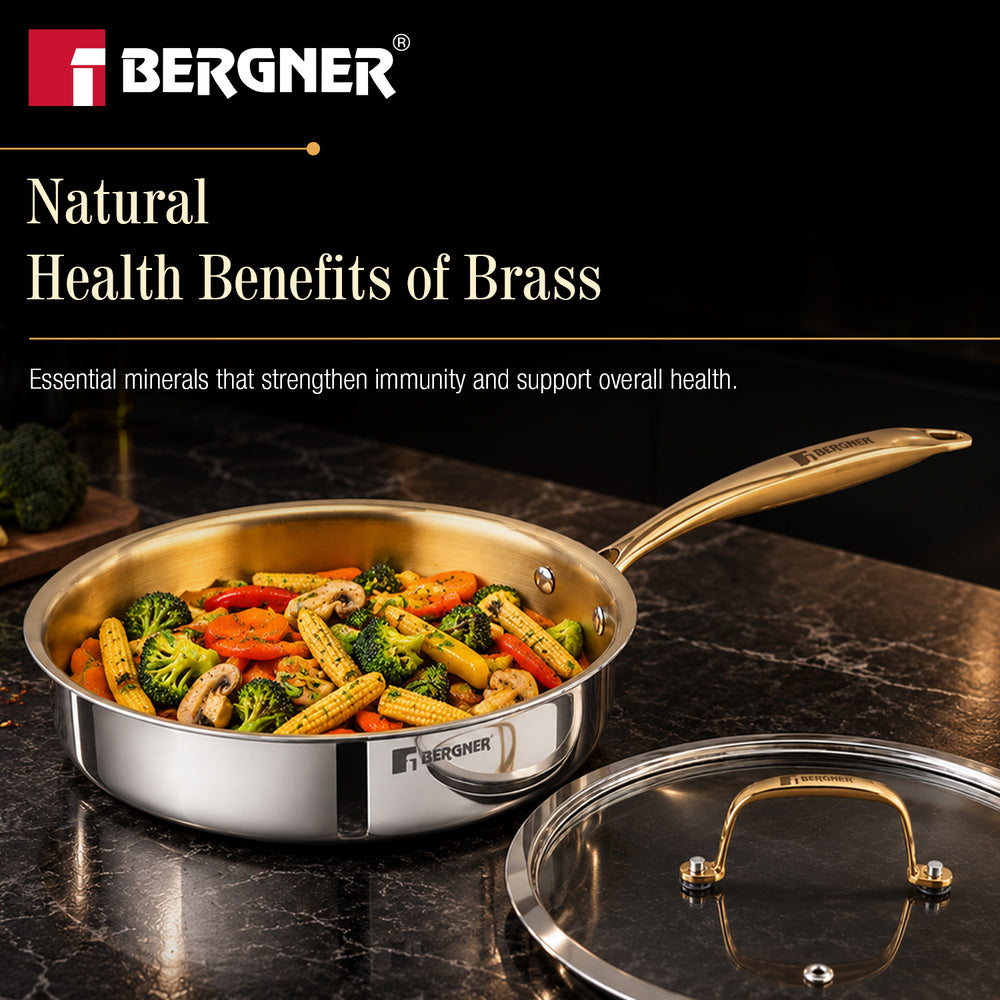 Suwarnam Triply Brass Saute Pan with Glass Lid, 24cm | Induction