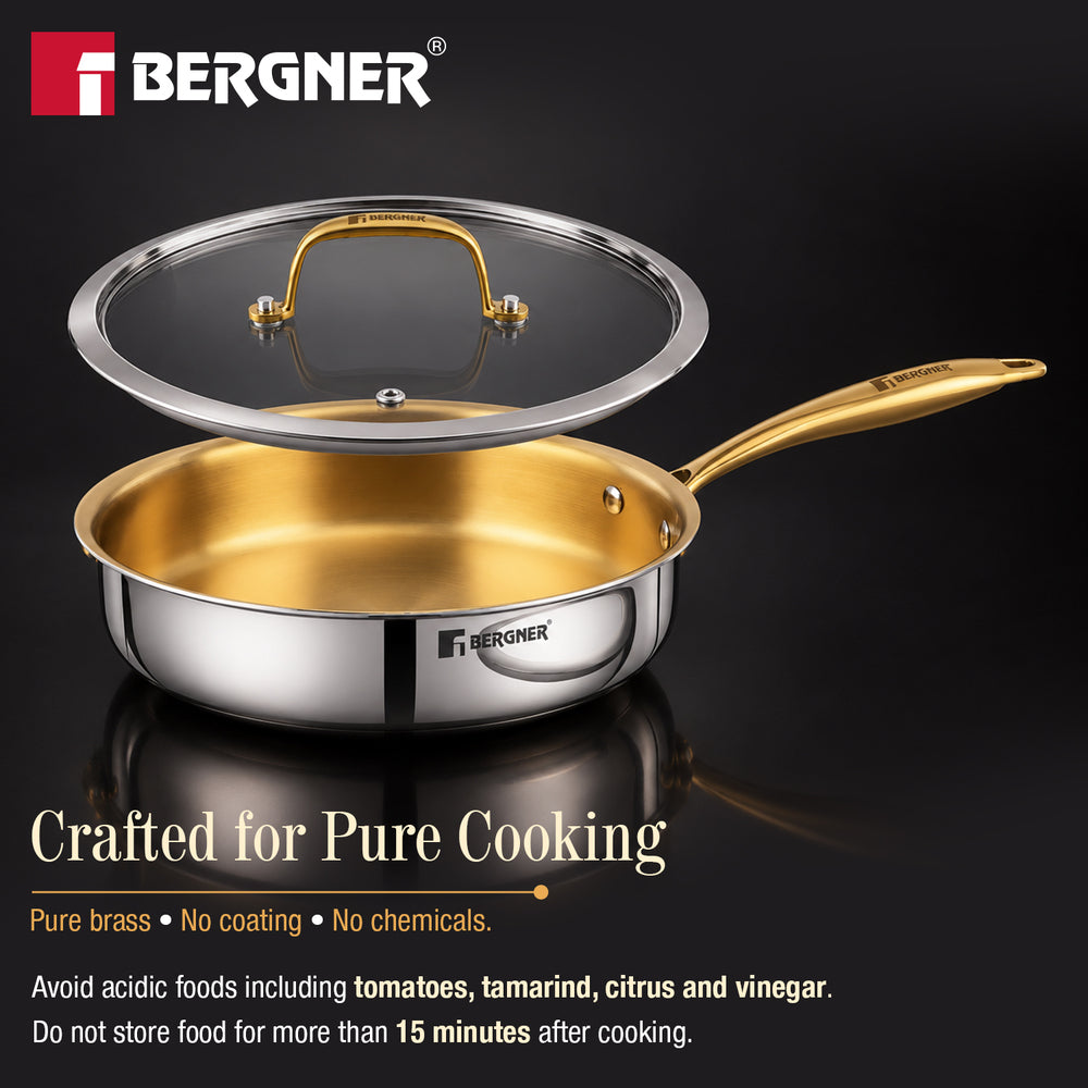 Suwarnam Triply Brass Saute Pan with Glass Lid, 24cm | Induction