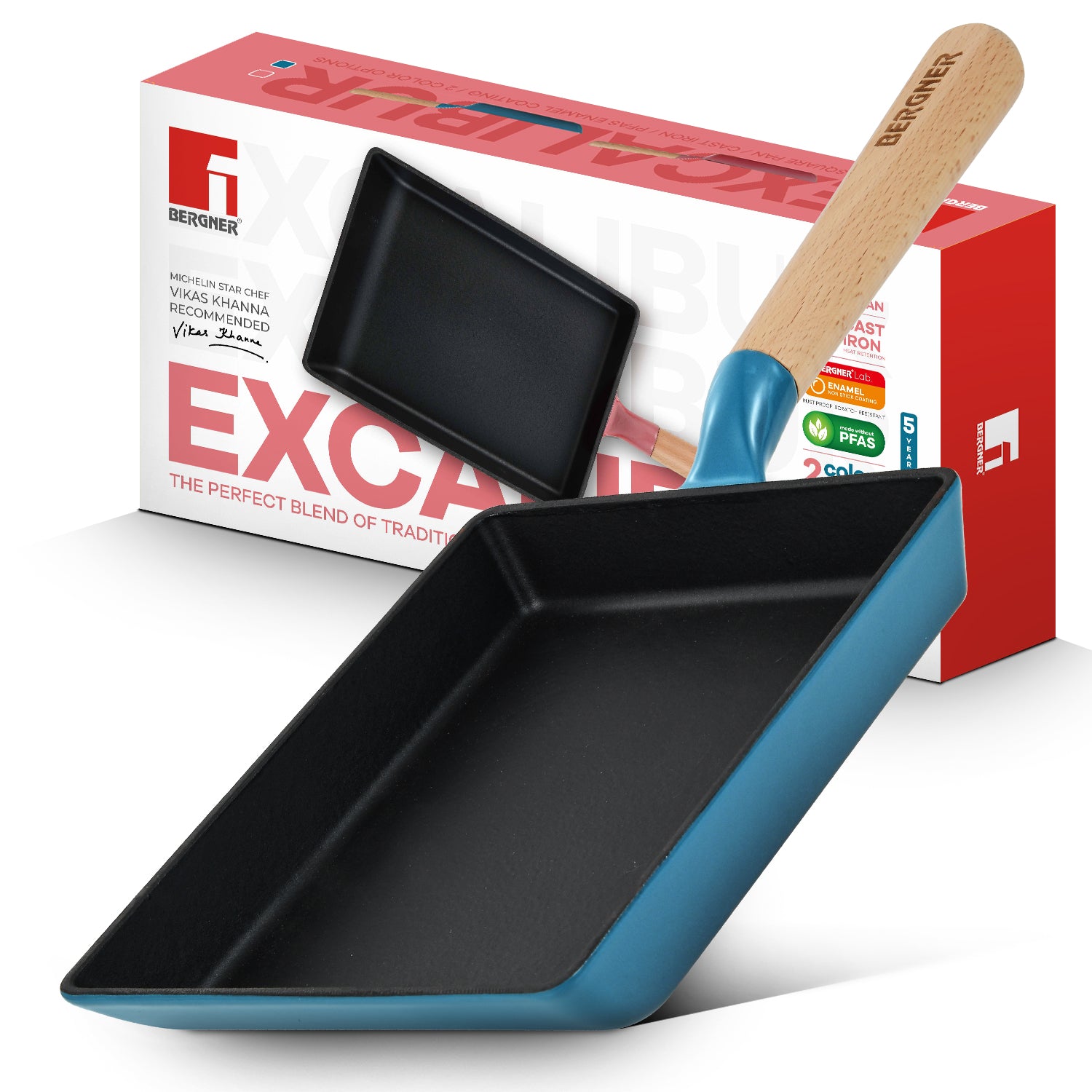 Excalibur Light Cast Iron 23x18cm Square Pan - Induction Bottom, Blue
