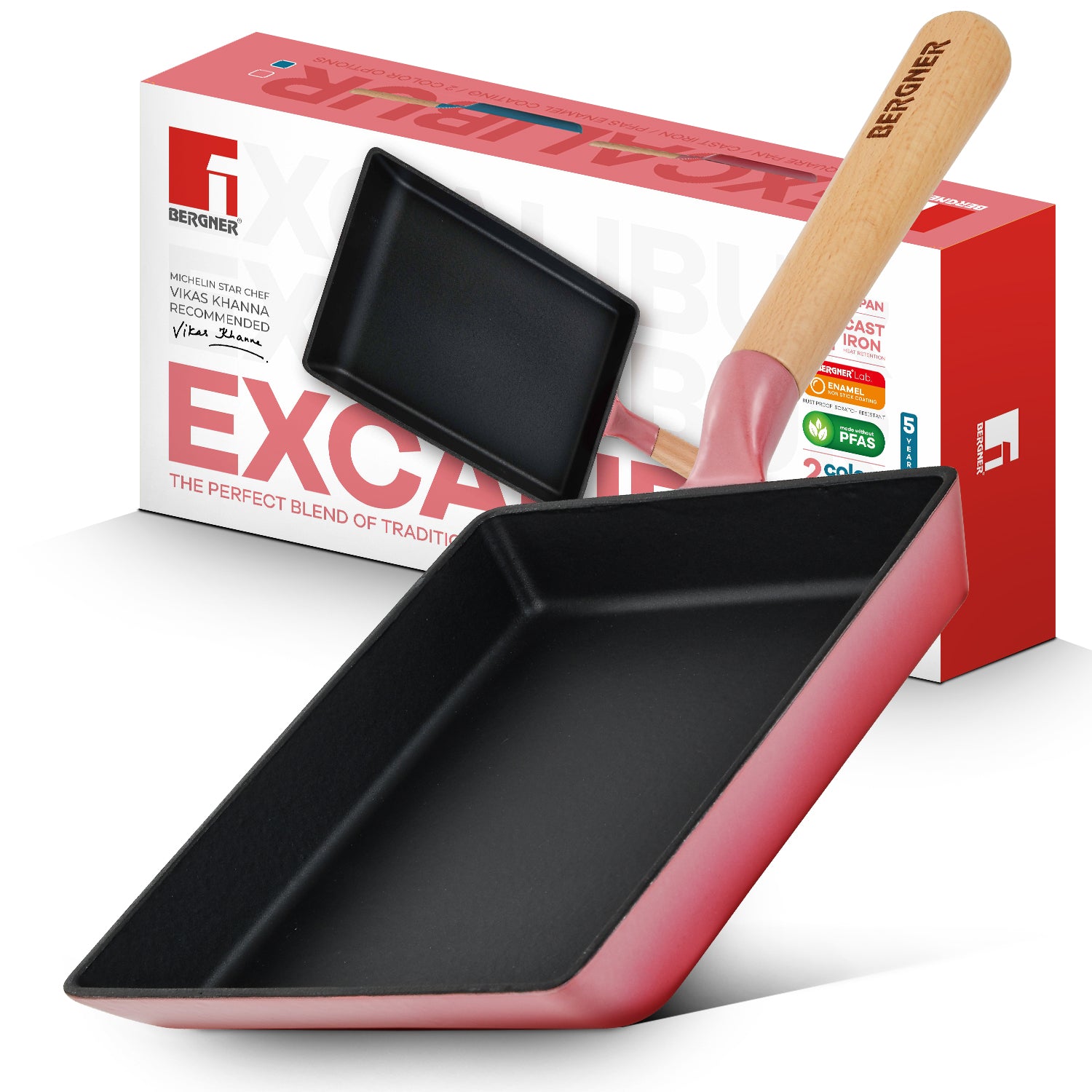 Excalibur Light Cast Iron 23x18cm Square Pan - Induction Bottom, Pink