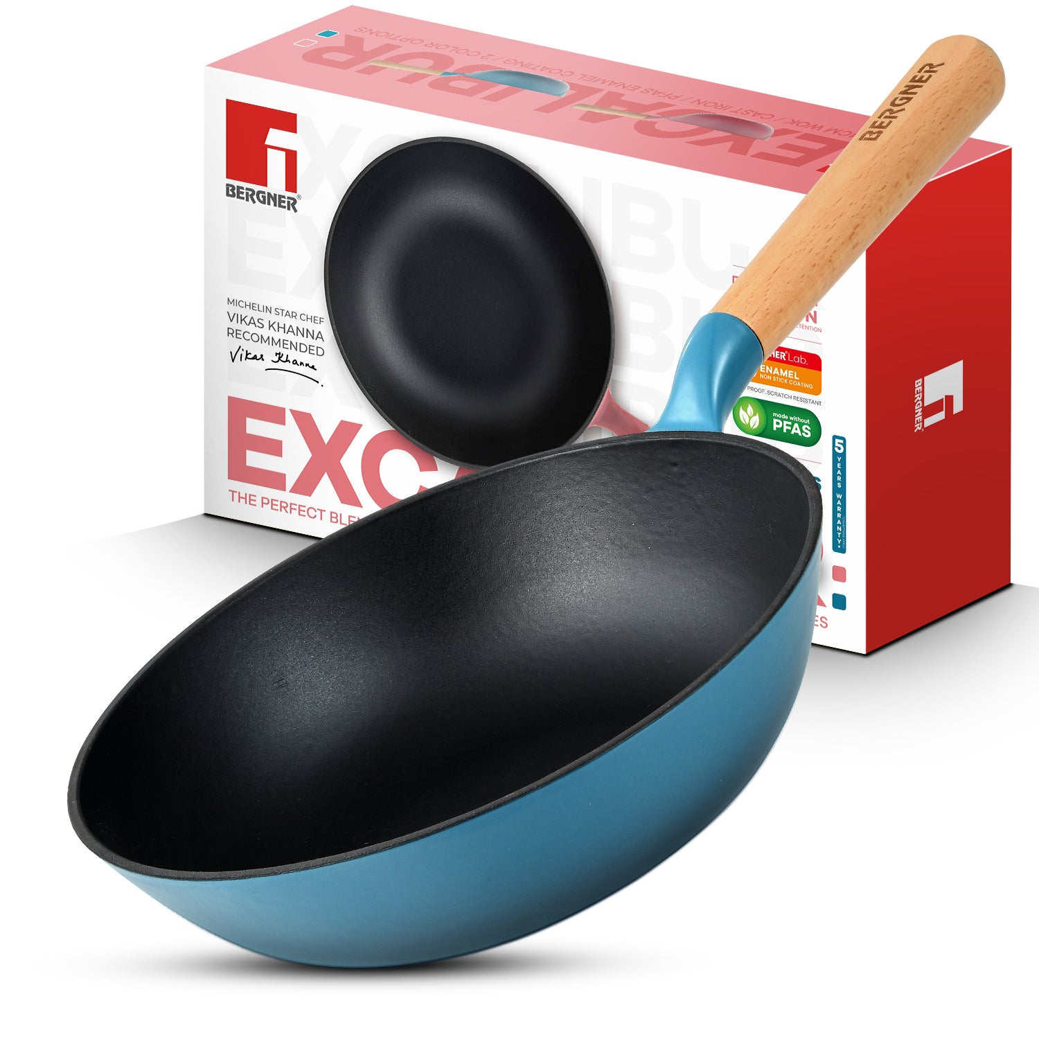 Excalibur Light Cast Iron 24cm (2L) Wok - Induction Bottom, Blue