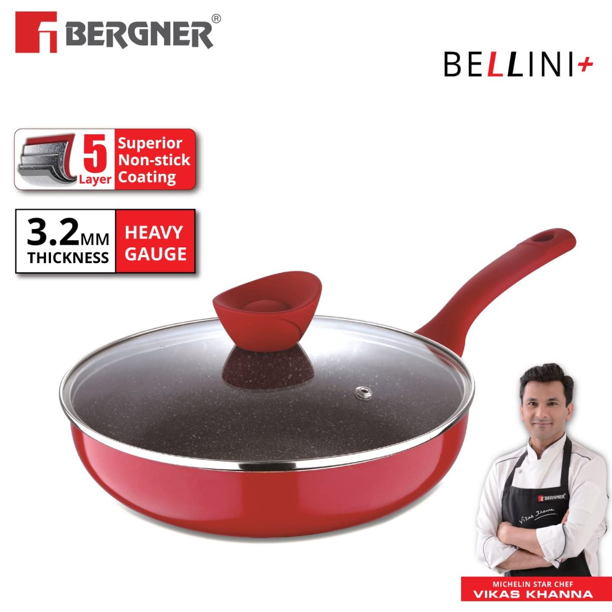 Bergner Bellini Plus 5-Layer Non-Stick  Deep Frypan with Glass Lid, Thickness 3.2mm - Induction Bottom