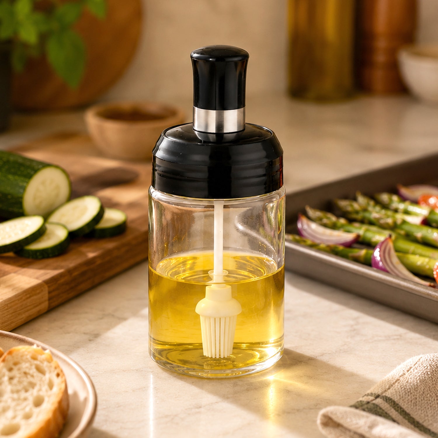 Bergner Glass Oil Dispenser (260ml) with Silicone Brush